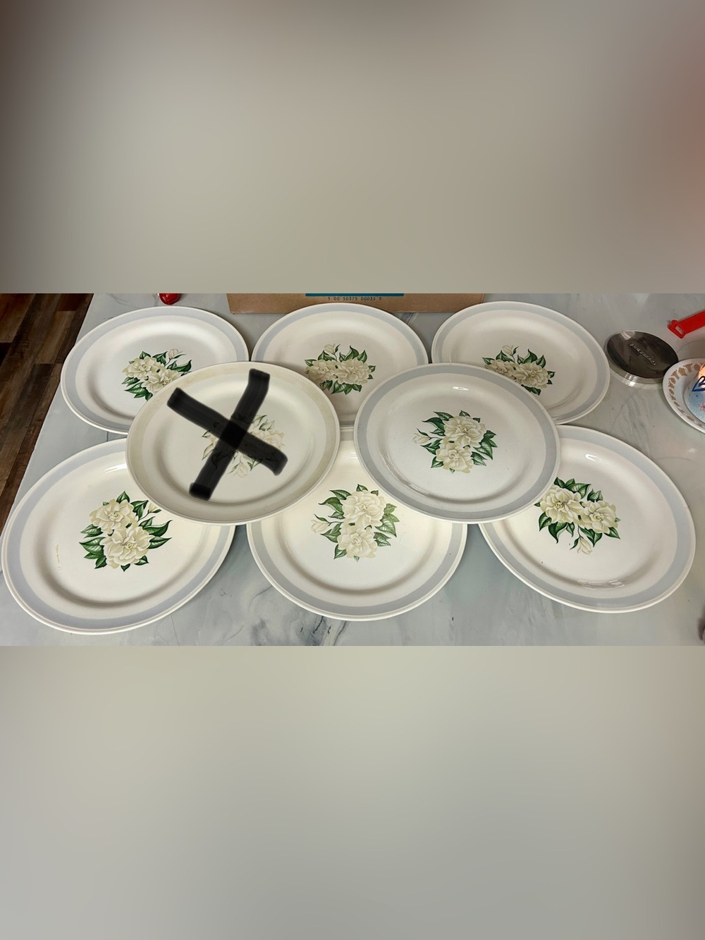 7- vintage Homer Laughlin Nautilus Eggshell dinner plates w/white gardenias